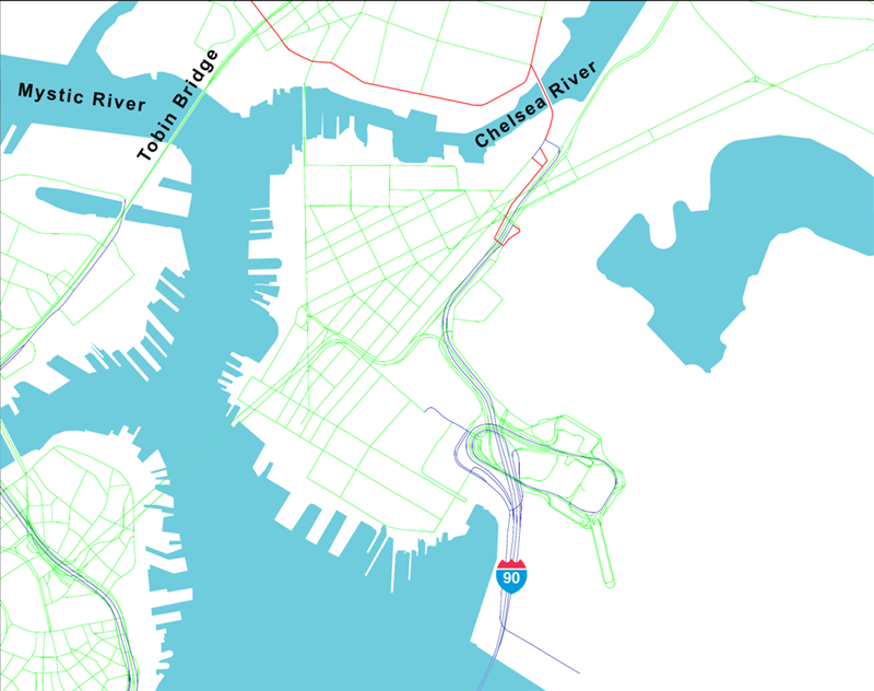 Figure 2 is a map of East Boston and parts of Chelsea. The East Boston Haul Road, the Chelsea Street Bridge, and Marginal Street have been highlighted as CUFCs Figure 2 is a map of East Boston and parts of Chelsea. The East Boston Haul Road, the Chelsea Street Bridge, and Marginal Street have been highlighted as CUFCs